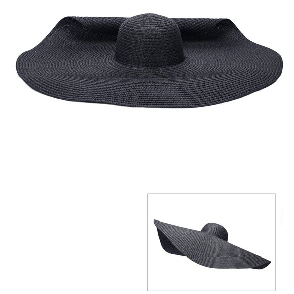 Black Super Wide Brim UV Protection Sun Beach Floppy Straw Hat Wired Edge - Picture 3 of 6